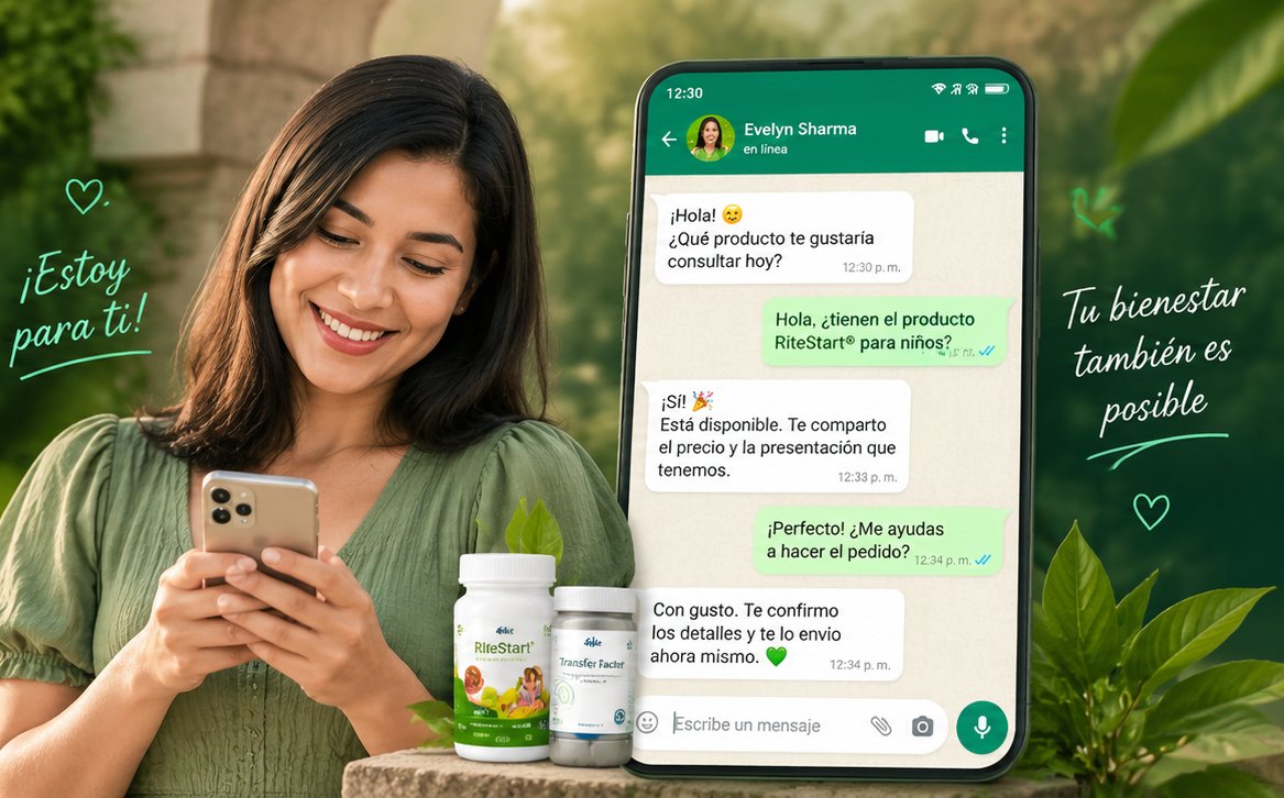 Asesora de Vital 4Life respondiendo un pedido por WhatsApp desde su celular